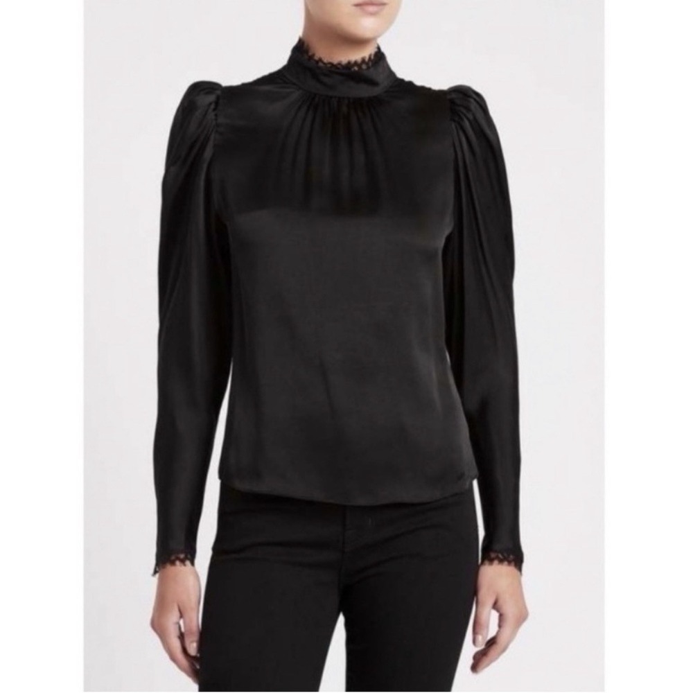 FRAME 100% Silk Gillian Ruched Puff Sleeve Blouse Womens XS Top Noir Black
